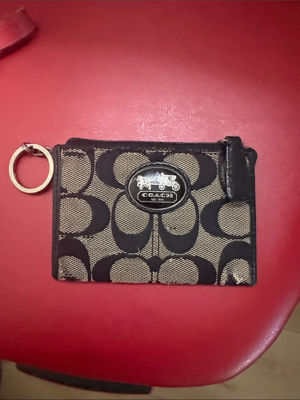 Coach Signature Canvas Card Case with Keyring in Khaki and Black